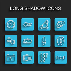 Set line Car battery, Check engine, Gear, shifter, Chassis car, mirror, tire and spark plug icon. Vector