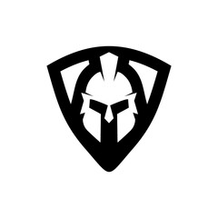Spartan warrior shield and helmet logo. Spartan helmet logo, Spartan shield and helmet vector illustration, Spartan Greek gladiator armor flat vector icon.