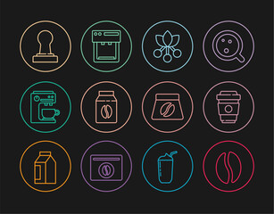 Set line Coffee beans, cup to go, bean, branch, Bag coffee, machine, tamper, and icon. Vector