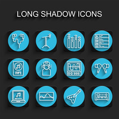 Set line Laptop with music note, Music wave equalizer, Air headphones, Electric bass guitar, synthesizer, Man in, and Oscilloscope icon. Vector