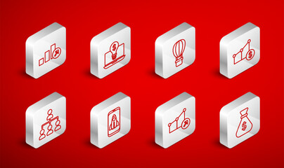 Set line Money bag, Light bulb with dollar laptop, Hot air balloon, Pie chart and, Financial growth, Startup project concept and Hierarchy organogram icon. Vector