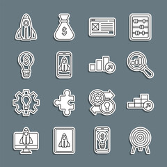 Set line Target, Financial growth, Magnifying glass and analysis, Browser window, Startup project concept, Light bulb with dollar, and icon. Vector