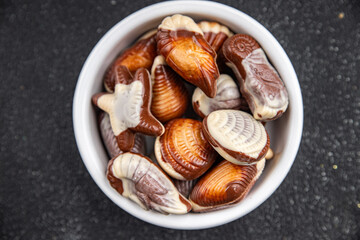 sweet candy seashell delicious chocolate seashells dessert food eating cooking appetizer meal food snack on the table copy space food background rustic top view
