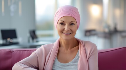 Portrait of the patient woman after chemotherapy female cancer patient wearing head scarf 