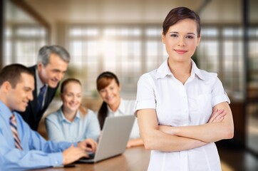 Fototapeta premium Young happy manager worker in the office, AI generated image