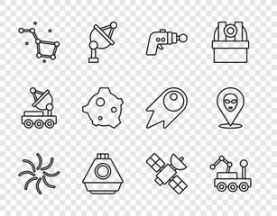 Set line Black hole, Mars rover, Ray gun, Space capsule, Great Bear constellation, Asteroid, Satellite and Alien icon. Vector © vector_v