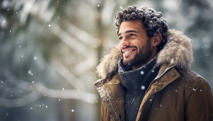 Portrait of a young man in winter clothes - obrazy, fototapety, plakaty