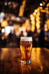 Fototapeta na wymiar Glass of beer on a bar counter, Generative AI