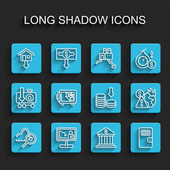 Set line Global economic crisis, news, Falling property prices, Bank building, Prison cell door, Safe, and Dollar rate decrease icon. Vector