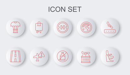 Set line Airplane seat, Airport runway, Helicopter landing pad, Plane, Box flying on parachute, Suitcase, Warning aircraft and No alcohol icon. Vector