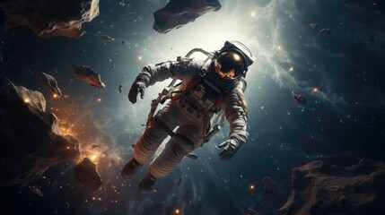 Fototapeta na wymiar Astronaut floating in zero gravity outside a space station