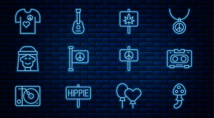 Set line Psilocybin mushroom, Retro audio cassette tape, Marijuana, Flag peace, Hippie girl, Peace t-shirt print stamp, and Guitar icon. Vector