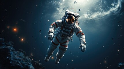 Obraz na płótnie Canvas Astronaut floating in zero gravity outside a space station