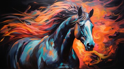 an expressive neon oil painting of a horse, using thick brushstrokes to bring out its elegance and grandeur.