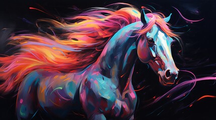 an expressive neon oil painting of a horse, using thick brushstrokes to bring out its elegance and grandeur.