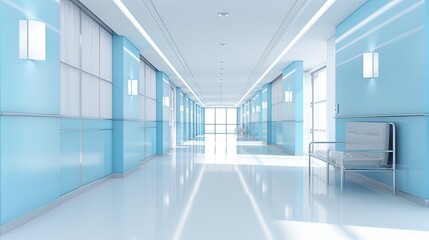 Fototapeta premium Empty modern hospital corridor with rooms and seats waiting room in medical office. Healthcare service interior