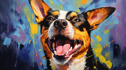 an expressive neon oil painting of a Basenji dog, with thick brushstrokes that bring out its affectionate and devoted nature.