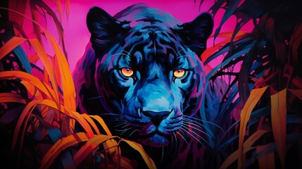 an eye-catching neon oil painting of a panther, with thick and vivid brushstrokes that emphasize the creature's mysterious allure and powerful aura.