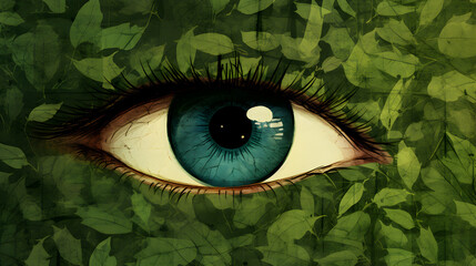 un œil ouvert sur un fond de feuilles vertes - illustration style dessin