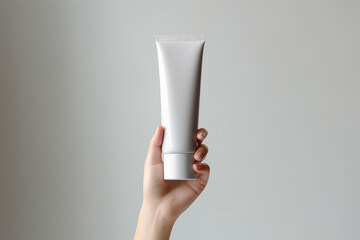 A model hand held a white simple lotion skincare cream tube bottle packaging on a black white background shot in a studio. Generative AI.