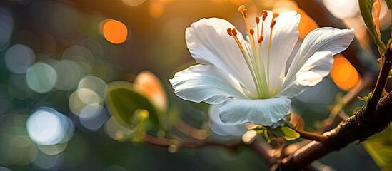 In the abstract Christmas background a white flower blooms isolated in nature accentuating the beauty of the spring tree as the light illuminates the vibrant green and orange floral garden