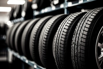 Tires available for sale at a tire store, depicted photographically