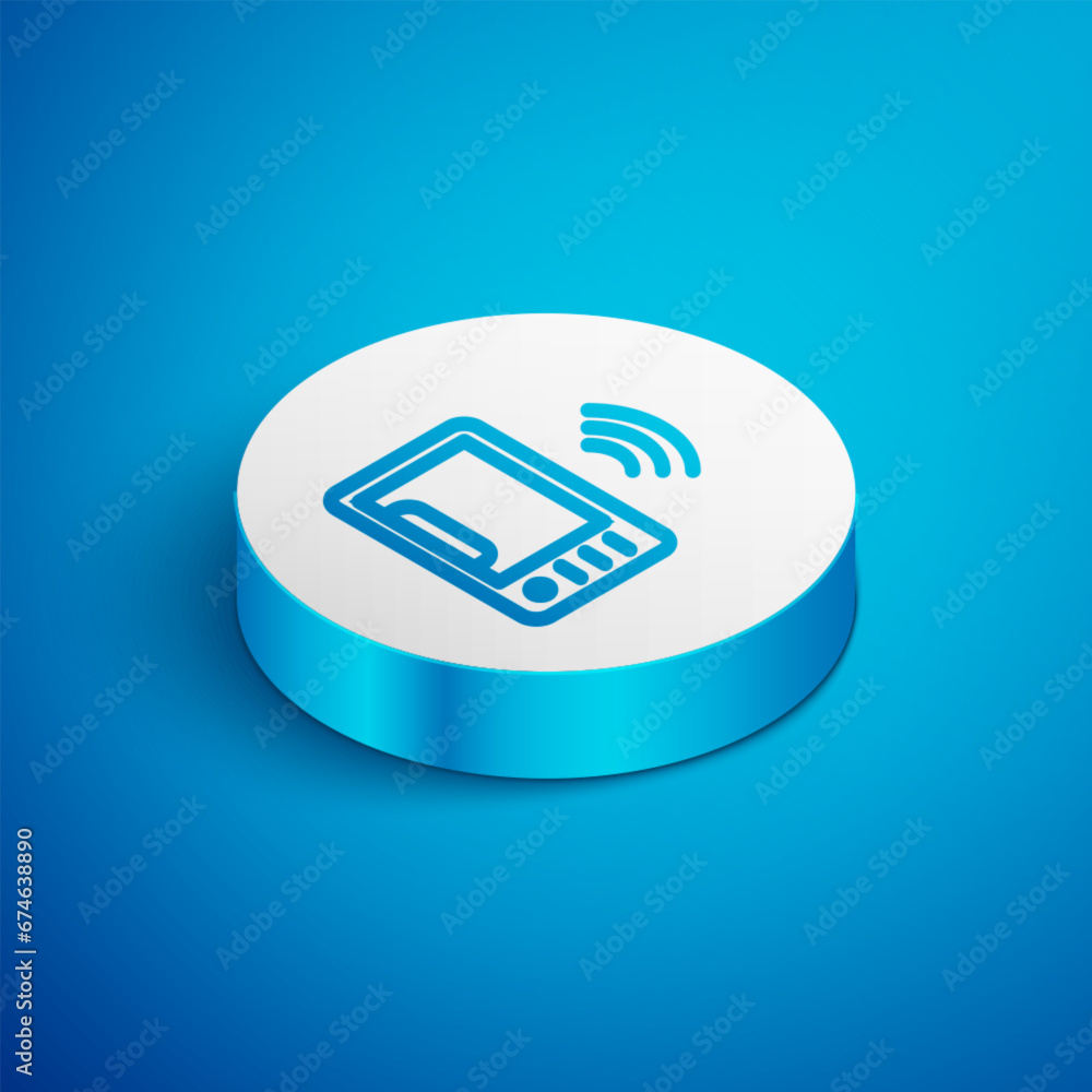 Poster isometric line smart microwave oven system icon isolated on blue background. home appliances icon. i