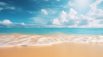 Blur defocused background. Tropical summer beach with golden sand, turquoise ocean and blue sky with white clouds on bright sunny day.