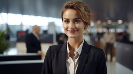 Obraz premium Photo of a beautiful smiling airport employee at the passenger check-in counter.