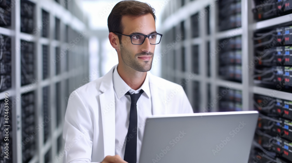 Poster portrait of system administrator engineer with laptop. cyber security concept. data cloud network, s