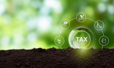 Environmental tax breaks concept. Glass ball with green taxes icons. Using environmental  taxes, carbon tax, environmentally beneficial tax incentives in order to achieve environmental targets. - obrazy, fototapety, plakaty