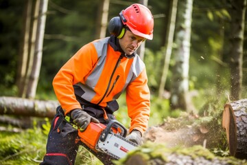 Focused wood man male guy logger worker protective uniform helmet professional logging lumberjack woodcutter chainsaw sawmill tree trunk forest industry timber hard working firewood processing outside - obrazy, fototapety, plakaty