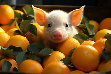 Pig in juicy ripe oranges. Concept - obrazy, fototapety, plakaty