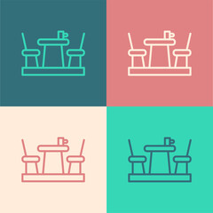 Pop art line French cafe icon isolated on color background. Street cafe. Table and chairs. Vector