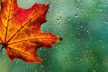 autumnal bright maple leaves behind wet glass with raindrops texture. autumn season background....
