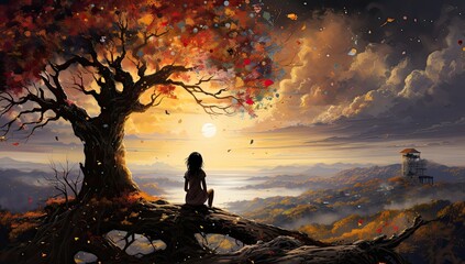 Bajkowa dziewczyna siedząca pod drzewem oglądająca magiczny zachód słońca. 