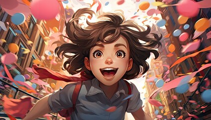 Wesoła dziewczynka biegnąca przez miasto podczas festiwalu. Grafika kreskówka w stylu anime.  - obrazy, fototapety, plakaty