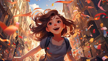 Wesoła dziewczynka biegnąca przez miasto podczas festiwalu. Grafika kreskówka w stylu anime.  - obrazy, fototapety, plakaty