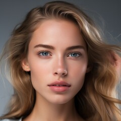 Naklejka premium Close-up photo portrait of a beautiful charming woman with natural makeup