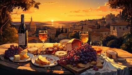 Obraz z włoskim obiadem, deską serów i winem na stole z Italią w tle. 
