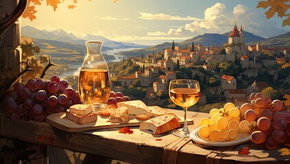 Obraz z włoskim obiadem, deską serów i winem na stole z Italią w tle.  - obrazy, fototapety, plakaty