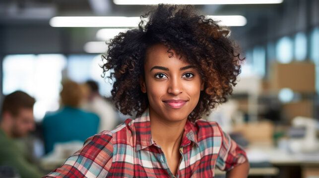 Portrait of Beautiful pretty black woman with stylish curly hair. Businesswoman looks at the camera and smiles. Office background. Ai generative.