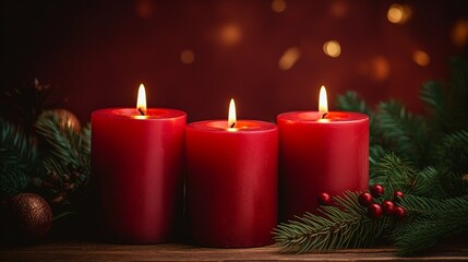 Obraz na płótnie Canvas Advent Candles Burning in Red Wreath - Traditional Christmas Symbolism