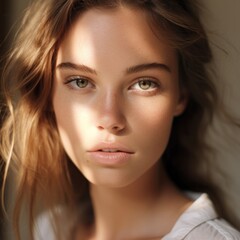 Obraz premium Close-up photo portrait of a beautiful charming woman with natural makeup