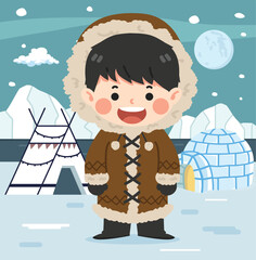 Happy little eskimo boy cartoon on background - obrazy, fototapety, plakaty
