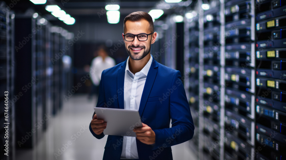 Poster portrait of man. system engineer with tablet computer. server room specialist, cyber security concep