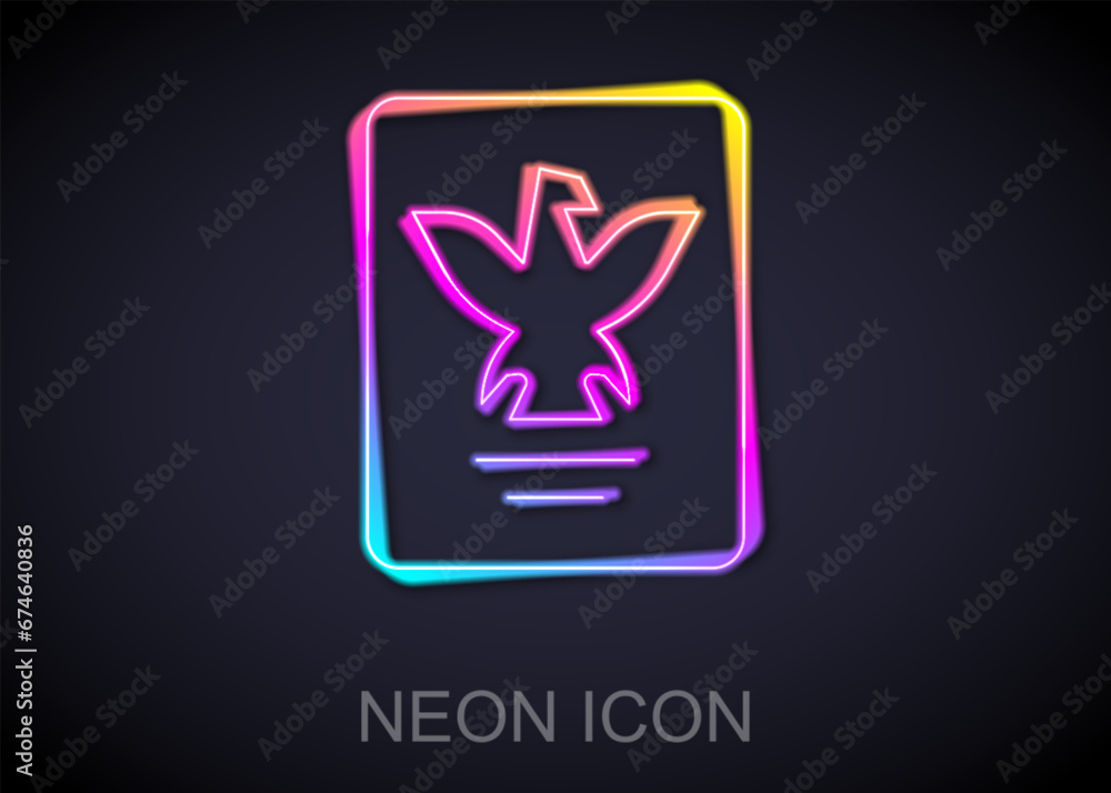 Poster glowing neon line passport with biometric data icon isolated on black background. identification doc