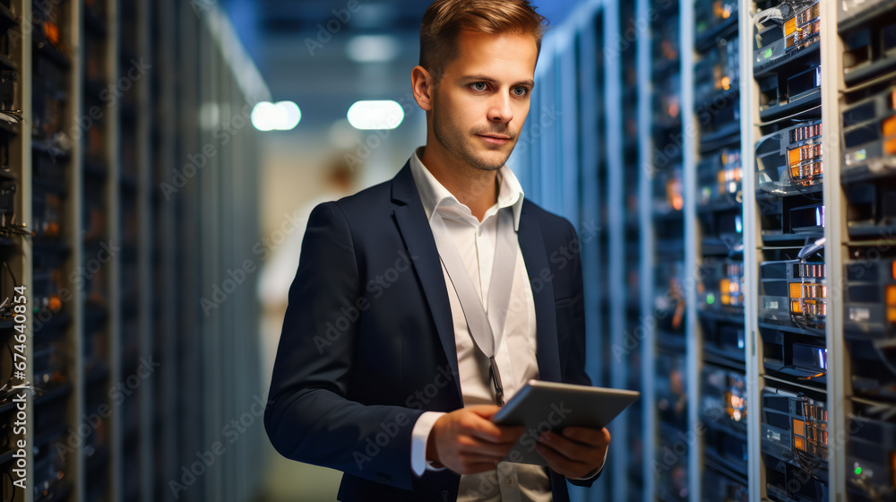 Poster server room specialist, cyber security concept. portrait of man. system engineer with tablet compute