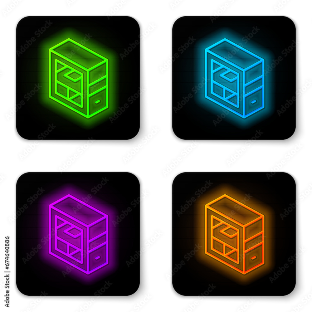 Poster glowing neon line computer icon isolated on white background. pc component sign. black square button