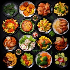 Collage of food in the dishes. A variety of food, vegetables, chicken, close-up and top view. Options for dishes